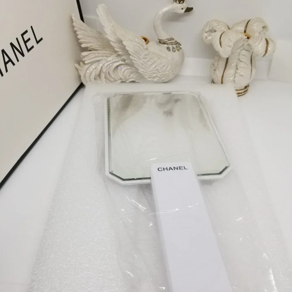 Chanel Hand Held Makeup Mirror Beveled Edge Cut NIB White